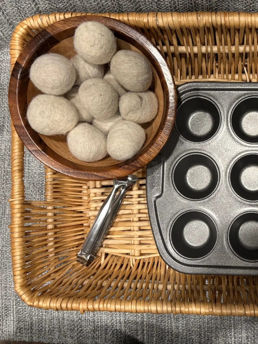 tonging extension w/mini muffin tin, felt poms, wood bowl by idlewild montessori